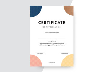 Certificate of appreciation template design. Elegant business diploma layout for training graduation or course completion. Vector background illustration.