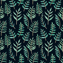 Watercolor green leaves hand drawn seamless pattern. Floral trendy background. Perfect for textile, covers, fabric design. Branch leaves on black background. Spring, summer season. 