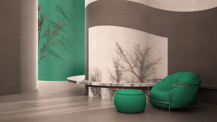 Abstract turquoise colored empty concrete interior, grunge background with round and curved structures, light and tree shadows, bench. Soft bean armchair with pouf, living room, lounge