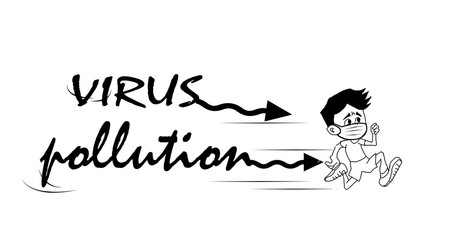 Outlined cartoon pattern of young boy running wearing mask to protect virus and pollution,Children's safety of life, danger everywhere,