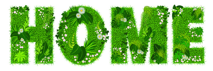 Mot « HOME » composé de lettres florales - illustration vectorielle d’un gazon fleuri.