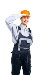 A female civil engineer looks into the distance. Isolated