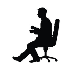 Business man sits on chair with coffee cup silhouette vector