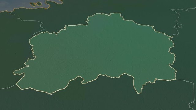 Rapla, county with its capital, zoomed and extruded on the relief map of Estonia in the conformal Stereographic projection. Animation 3D