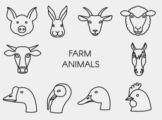 Set of icons with farm animals. Linear icons.