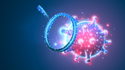 Virus-cell exploration. Epidemic strain research, immunology and infection pathogen concept. Polygonal image on blue neon background. Low poly, wireframe digital 3d Raster illustration. Abstract art