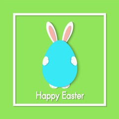 Green greeting card. White Easter Bunny holds in paws an blue Easter egg. Vector illustration.