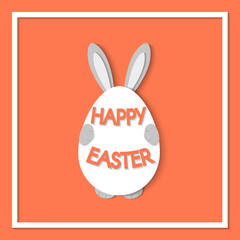 Red greeting card. Gray Easter Bunny holds in paws an Easter egg. Vector illustration.