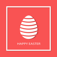 Greeting card with white easter egg on red background. Happy Easter. Vector illustration.