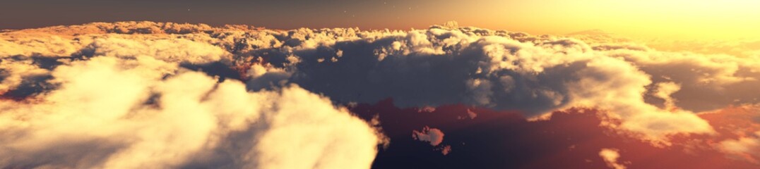 Clouds at sunset, among the clouds, panorama of the sky above the clouds, 3D rendering