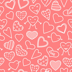 Seamless vector pattern. Pink background with linear hearts.