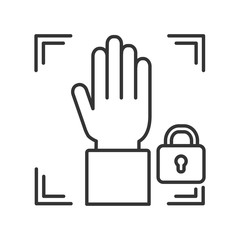 Palm print scan black line icon private protection or locked line color icon. Blocked user account, private, safe or secure data, access denied. Biometric identification element.