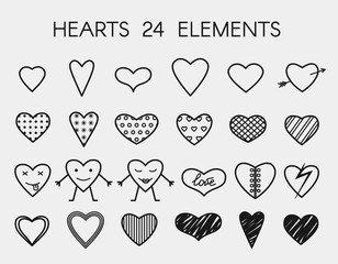 Set of linear icons with hearts. Vector illustration.