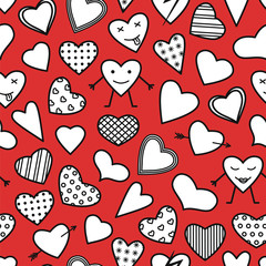 Seamless vector pattern. Red background with linear hearts.