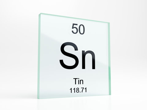 Tin element symbol from periodic table on glass icon - realistic 3D render