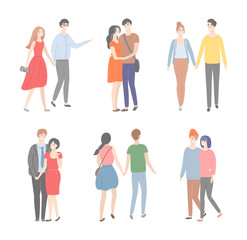 Couples on date vector, isolated set of characters in flat style. Man and woman holding hands walking and talking. Front and back view of boyfriends and girlfriends on weekends. Romantic pairs
