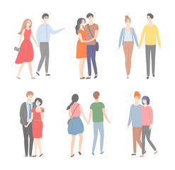 Obraz premium Couples on date vector, isolated set of characters in flat style. Man and woman holding hands walking and talking. Front and back view of boyfriends and girlfriends on weekends. Romantic pairs