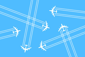 Airspace is busy and overcrowded by crowd of airplanes, aeroplanes and planes. Aviation, aerial traffic / transportation and danger of collision and crash. Vector illustration.