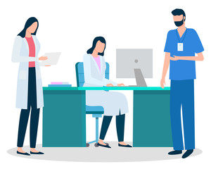 Therapist or physician, secretary and nurse, doctor with laptop vector. Online treatment, medical staff, medicine and healthcare, disease treatment. Prescription, Internet consultation illustration - obrazy, fototapety, plakaty