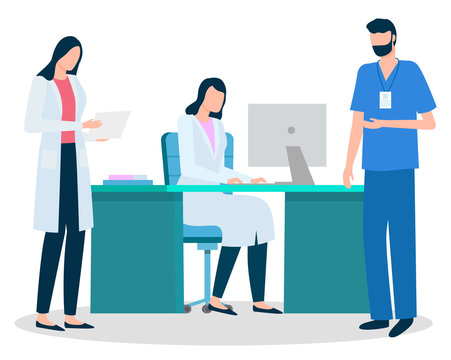 Therapist Or Physician, Secretary And Nurse, Doctor With Laptop Vector. Online Treatment, Medical Staff, Medicine And Healthcare, Disease Treatment. Prescription, Internet Consultation Illustration