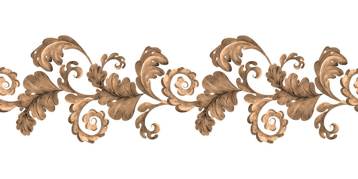 Watercolor seamless border Pink and gold leaves with curls of a fantasy plant