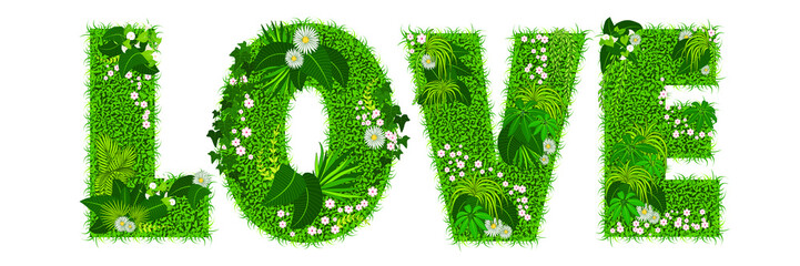 Mot « LOVE » composé de lettres florales - illustration vectorielle d’un gazon fleuri.