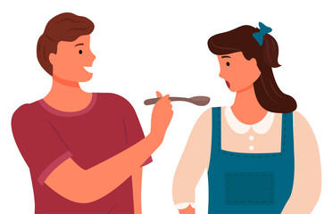Couple cooking together, isolated male and female characters making dishes. Man giving woman to taste meal. Adult personage demonstrating culinary skills to his girlfriend. Vector in flat style