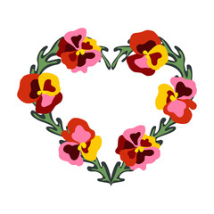 Flower pansies heart frame for Valentine's Day. Heart symbol isolated on white background. Heartsease vector illustration.