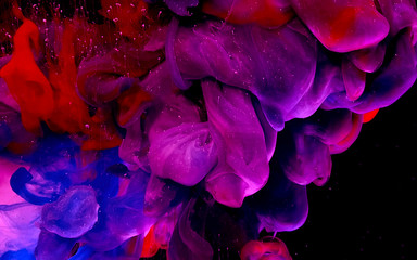 Blue, red and white watercolor ink in water on a black background. Cool trending screensaver.