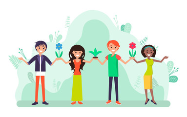 Group of young people standing together and holding colorful flowers and plants in pods. Men and Women smiling. Company of friends outdoors, floriculture hobby