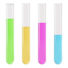 Transparent glass laboratory tube. Test tube filled with liquid on a white background. 3D rendering.