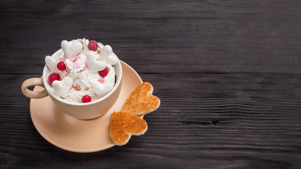  Cup of coffee with decoration -marshmellow, cream, berries