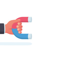 Magnet in hand. Customer hunter is holding a magnet to attract. Attraction customers and investment as a template. Vector illustration flat design. Isolated on white background.