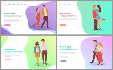 How have happy relationship set, man and woman embracing or holding hands on date, couple dating appointment, feelings boyfriend and girlfriend vector. Website template, landing page flat style