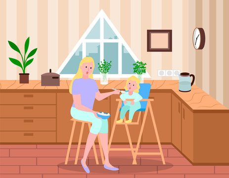 Mother feeding her daughter from spoon. Kid sitting on highchair and eating cereal. Parent care about child. Kitchen interior with tabletops and stewpan, kettle and plant. Vector illustration in flat