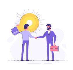 The man is holding a huge light bulb and shaking hands with a businessman with briefcase. Startup and search of investments concept. Business angel investing to innovational idea. Vector illustration.