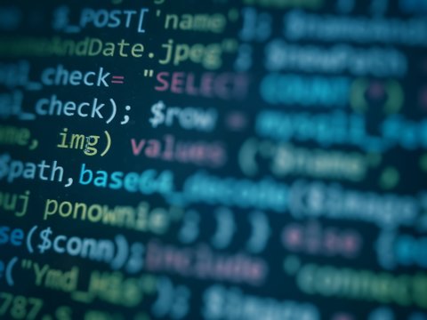 Software developer programming code. Abstract computer script code. Blue color.