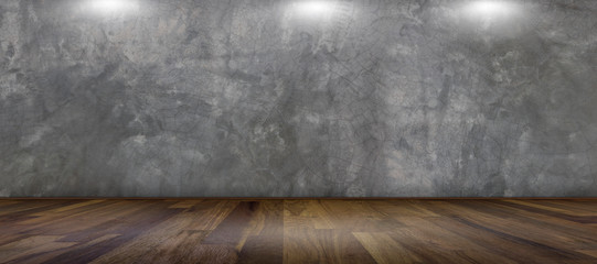 Interior room with old concrete or plaster wall, wooden plank floor, used as studio background wall...