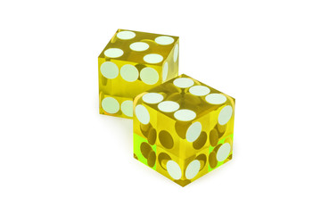 Two yellow professional game dice closeup isolated on a white background / five and six with a light shadow.