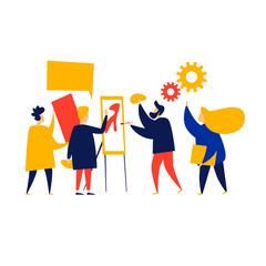Teamwork, project. Group of people working together. Flat style vector illustration.