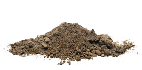 Dirt, soil pile with chunks isolated on white background