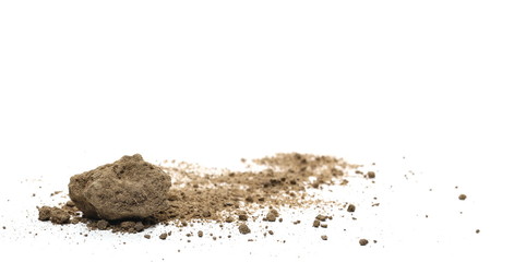 Dirt, soil pile with chunks isolated on white background