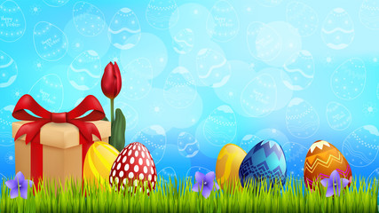 Easter banner with bright colorful festive eggs on grass with red tulips and gift box with pattern on background. vector