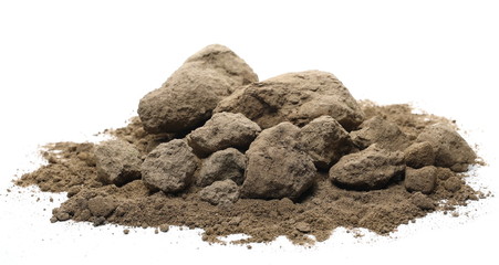 Dirt, soil chunks and pile isolated on white background