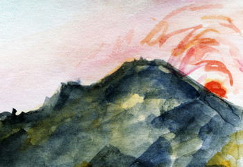 Hand Drawn Watercolor Mountain Sunrise Sea Shore. Rocky texture.