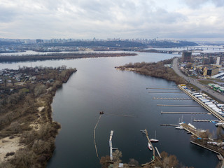 Naklejka premium Aerial drone view. Bay on the Dnieper River in Kiev.