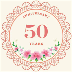 50th years anniversary, birthday card. Vector design background with decorative floral circle for celebration, invitation