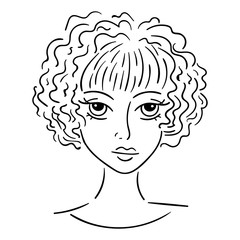 Girl head in caricature style black line isolated on white background, vector