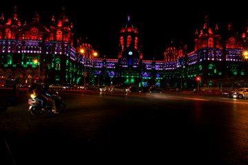 Fototapeta na wymiar Night view of Victoria Terminus or CST in Mumbai, India