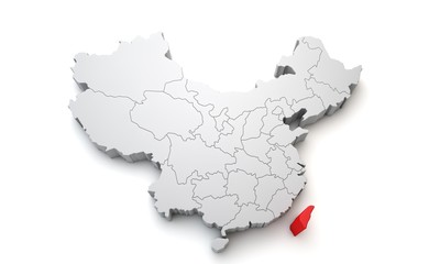 Map of China showing Taiwan regional area. 3D Rendering